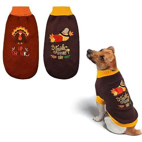 Vehomy 2 Stück Hund Katze Thanksgiving Pullover Hund Kürbis Truthahn Pullover Thanksgiving Hund Katze Rollkragen Strickwaren Shirt Kleidung Hund Welpen Halloween Kostüm Kleidung für kleine mittelgroße von Vehomy