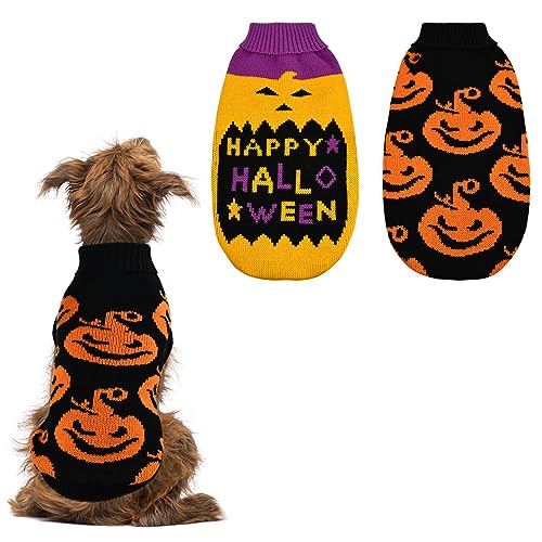 Vehomy 2Pcs Hund Katze Halloween Pullover Hund Kürbis Pullover Hund Katze Kürbis Rollkragen Strickwaren Shirt Hund Welpen Halloween Kostüm Kleidung für Kleine Mittlere Hunde Katzen XL von Vehomy