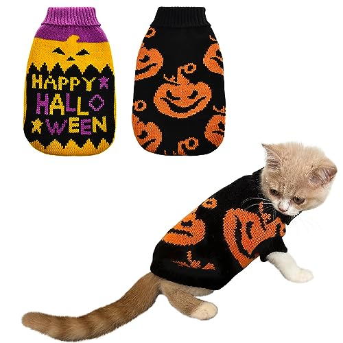 Vehomy Halloween-Pullover für Hunde und Katzen, Kürbispullover, Rollkragenpullover, für kleine und mittelgroße Hunde, Katzen, Größe XS, 2 Stück von Vehomy