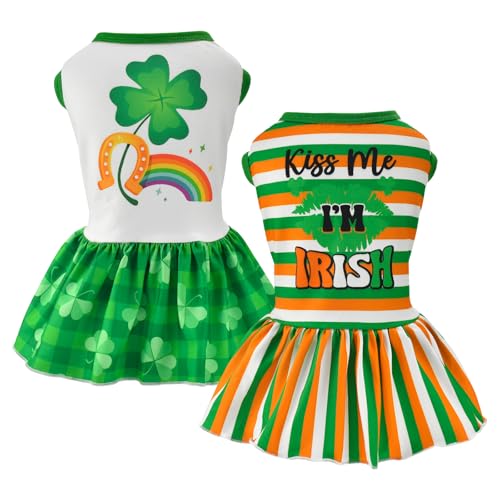 Vehomy 2er-Pack Hundekleider St. Patrick's Day Hundekleid mit Glückskleeblatt-Muster, grünes Karomuster, Hunderock, gestreift, Welpen, St. Patrick's Day, Kleidung, Outfit für kleine, mittelgroße von Vehomy