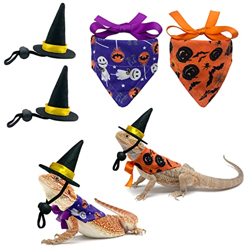 Vehomy 4 Stück Halloween Bartdrachen Hexenkostüm Bartdrachen Hexenhüte Eidechse Bandanas mit Kürbis Süßigkeiten Muster Eidechse Zauberer Hut Eidechse Kürbis Schal Outfit für Hamster Leopard Gecko von Vehomy