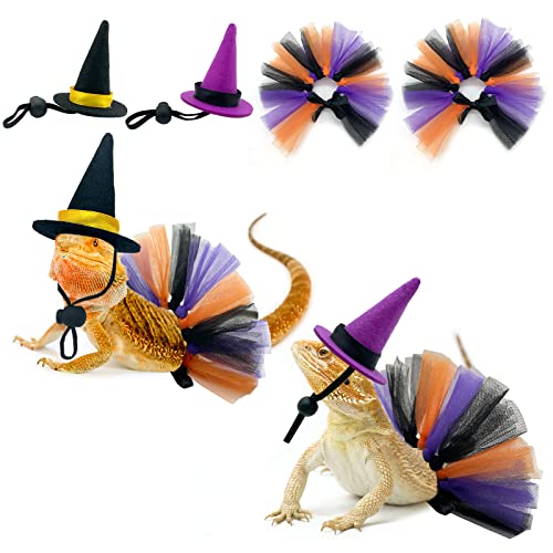 Vehomy 4 Stück Halloween Bartdrachen Hexenkostüm Bartdrachen Hexenhüte Tutu Röcke Eidechse Hexe Outfit Kleine Haustier Halloween Hexe Kostüm für Küken Hamster Vogel Papagei Bartdrache von Vehomy