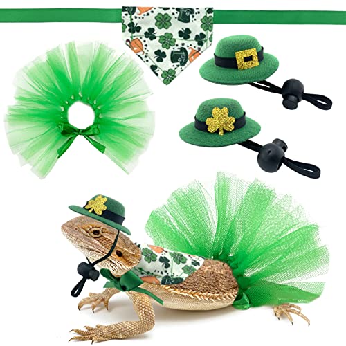 Vehomy 4 Stück St. Patrick's Day Bartagenhüte Tutu Rock Outfit Eidechse Bowler Hut mit Kleeblatt Dekor kleines Haustier St. Patrick's Day Tutu Zubehör Kostüm für Eidechse, Hamster, Leopard, Gecko von Vehomy