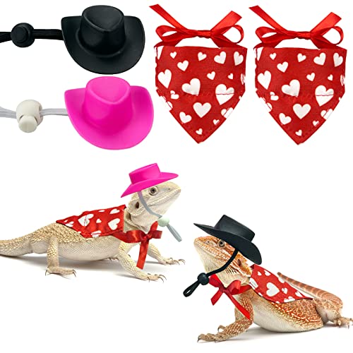 Vehomy 4 Stück Valentinstag Bartdrachen Outfit Bartdrache Cowboy Hut & Eidechse Bandana Kleine Haustier Liebe Herz Schal Cowboy Kostüm Zubehör für Eidechse Hamster Leopard Gecko von Vehomy