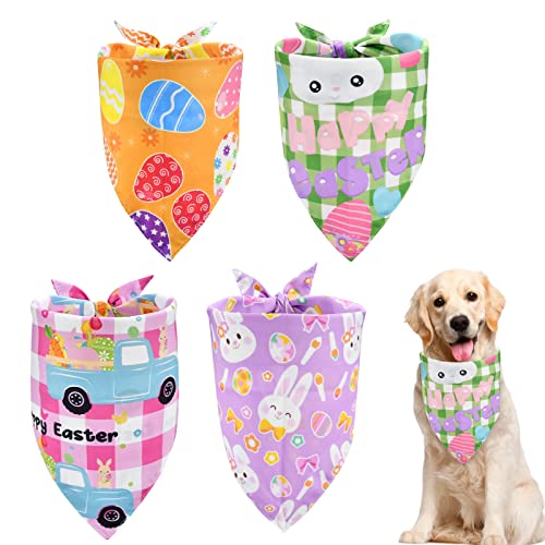 Vehomy 4xOster-Hundehalstücher Ostereier, Hundehalstuch, Osterhase, Haustierschal, wendbar, für Haustiere, Frühling, Dreieck, Haustierkariert, Bandana mit Kaninchen-Eier-Muster für Hunde und Katzen von Vehomy