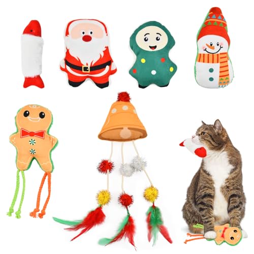 Vehomy 6pcs Weihnachten Katzenminze Spielzeug Kätzchen Weihnachtsmann Spielzeug Katze Lebkuchenmann Katze Schneemann Katze Weihnachtsbaum Katze Fisch und Katze Glocke Spielzeug Xmas Plüsch Zahnen von Vehomy