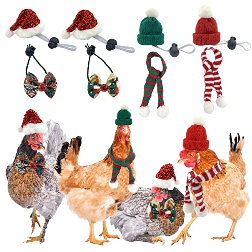 Vehomy 8 Stück Weihnachtsmützen, Schals und Fliegen für Hühner, Weihnachten, Huhn, Weihnachtsmann, Mütze, Wollmütze mit verstellbarem Kinnriemen, Huhn, Fliege, Schal für Geflügel, Henne und Papageien von Vehomy