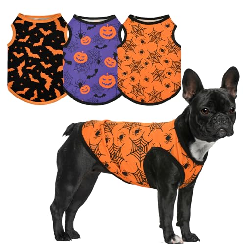 Vehomy Ärmelloses Halloween-Shirt für Hunde, Halloween-Weste, Welpen, Halloween-Kleidung mit Spinne, Fledermaus, Kürbismuster, Haustier-Kostüm, Outfit für kleine und mittelgroße Hunde, 3 Stück, Größe von Vehomy