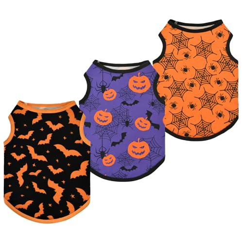 Vehomy Halloween-Hundekleidung, Tank-Tops mit Fledermaus, Spinnennetz, Kürbismuster, Hunde-Halloween-Kostüme, Welpen-Shirt, Haustierweste für kleine, mittelgroße Hunde, Größe L, 3er-Pack von Vehomy