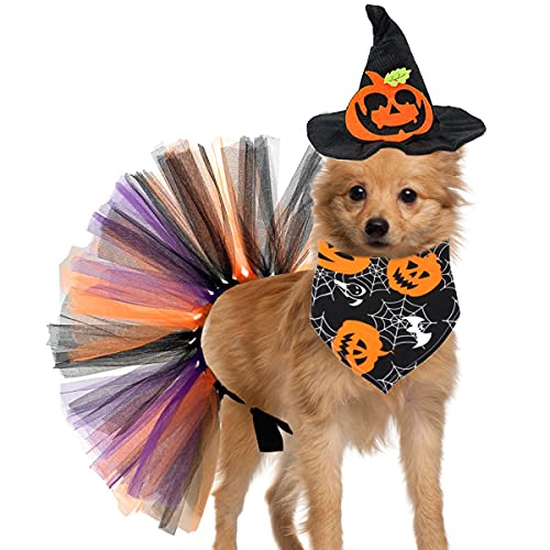 Vehomy Halloween-Kostüm für Hunde und Katzen, Kürbis, Hexenhut, Halstuch, Dreieckstuch mit Halloween-Kürbismuster, Haustier-Tutu, Rock, mittelgroße Hunde, 3 Stück von Vehomy