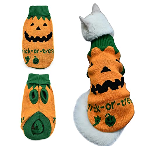 Vehomy Halloweenpullover für Hunde und Katzen, Kürbis, Strickwaren, Kostüm mit Geister, Trick- oder Leckerli-Muster, für Kätzchen, kleine Hunde, Katzen, Größe M von Vehomy