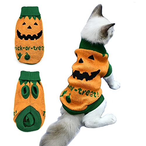 Vehomy Halloweenpullover für Hunde und Katzen, Kürbis, Strickwaren, Kostüm mit Geister, Trick- oder Leckerli-Muster, für Kätzchen, kleine Hunde, Katzen, Größe S von Vehomy