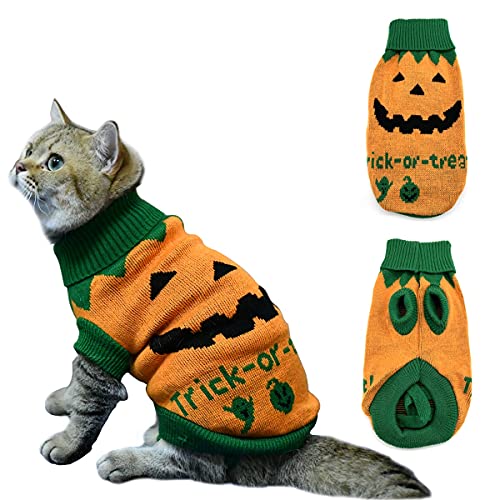 Vehomy Halloweenpullover für Hunde und Katzen, Kürbis, Strickwaren, Kostüm mit Geister, Trick- oder Leckerli-Muster, für Kätzchen, kleine Hunde, Katzen, XL von Vehomy