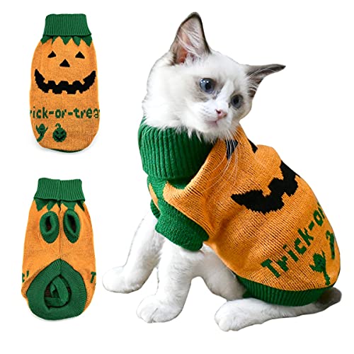 Vehomy Halloweenpullover für Hunde und Katzen, Kürbis, Strickwaren, Kostüm mit Geister, Trick- oder Leckerli-Muster, für Kätzchen, kleine Hunde, Katzen, XS von Vehomy