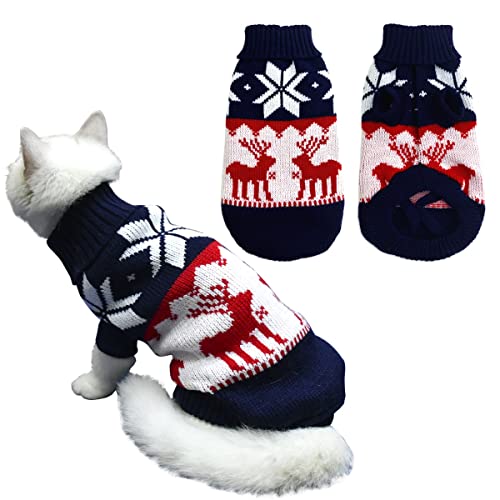 Vehomy Haustier Welpe Weihnachtspullover Katze Winter Strickwaren Xmas Kleidung Navy Blue Sweater mit Rentieren Schneeflocken Muster Hund Warm Argyle-Pullover Mantel für Kätzchen Kleine Hunde Katzen M von Vehomy