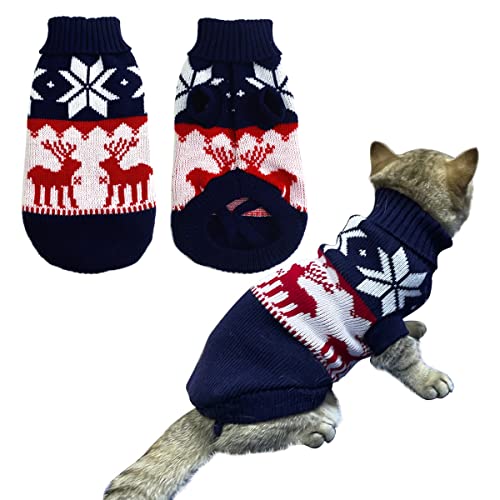 Vehomy Haustier Welpe Weihnachtspullover Katze Winter Strickwaren Xmas Kleidung Navy Blue Sweater mit Rentieren Schneeflocken Muster Hund Warm Argyle-Pullover Mantel für Kätzchen Kleine Hunde Katzen L von Vehomy