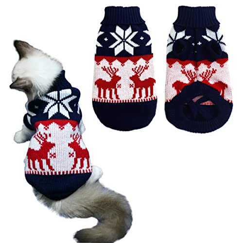 Vehomy Haustier Welpe Weihnachtspullover Katze Winter Strickwaren Xmas Kleidung Navy Blue Sweater mit Rentieren Schneeflocken Muster Hund Warm ArgylePullover Mantel für Kätzchen Kleine Hunde Katzen von Vehomy