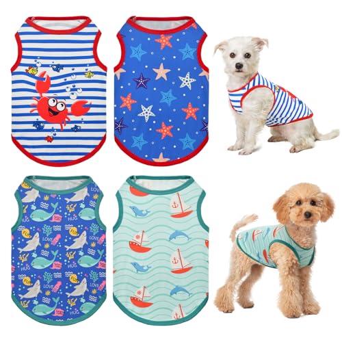 Vehomy Hundesommer-Shirt, weiche Baumwolle, Katze, ärmellos, gestreift, Tank-Top, Westen mit Seefisch-Muster, Kätzchen, Welpen, Sommerkleidung für kleine, mittelgroße Hunde, Größe XS, 4er-Pack Vehomy Hundesommer-Shirt, weiche Baumwolle, Katze, ärmellos, gestreift, Tank-Top, Westen mit Seefisch-Muster, Kätzchen, Welpen, Sommerkleidung für kleine, mittelgroße Hunde, Größe XS, 4er-Pack von Vehomy