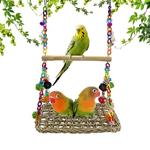 Vehomy Vogel Seegras Schaukel Spielzeug Vogel Papagei Trapez Vogel Ring Schaukel mit Ständer Sitzstange Handgefertigte Vogelhängematte Vogelstange Vogelständer Spielzeug für kleine Vögel Lovebird, Wellensittiche, Conure Papageien, Sittiche von Vehomy