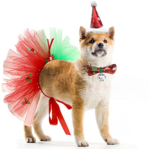 Vehomy Weihnachtliches Outfit für Hunde und Hunde, Weihnachtsmütze, Tutu, Rock, Kleid, Welpen, Weihnachten, Fliege, Kragen, Haustier-Weihnachtskostüm, Zubehör für Welpen, Kätzchen, Hunde, Katzen, von Vehomy