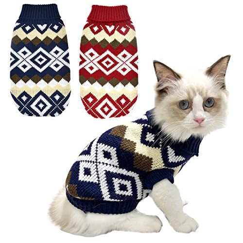 Vehomy Weihnachtspullover für Haustiere, Welpen, Katzen, Diamantmuster, kariert, Pullover, Kätzchen, Strickware, Hunde, Weihnachtskleidung, Marineblau und Weihnachtsrot, 2 Stück von Vehomy