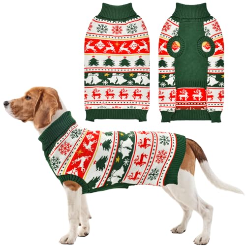 Vehomy Weihnachtspullover für Hunde, warm, Rollkragenpullover mit Schneeflocken, Rentieren, Glocken, Hunde-Strickwaren, Strickshirt, Pullover für mittelgroße und große Hunde, Größe L von Vehomy