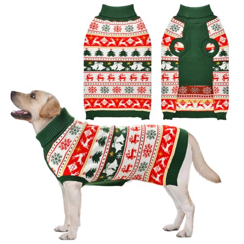 Vehomy Weihnachtspullover für Hunde, warm, Rollkragenpullover mit Schneeflocken, Rentieren, Glocken, Hunde-Strickwaren, Strickshirt, Pullover für mittelgroße und große Hunde, Größe XXL von Vehomy