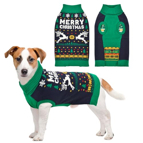 Vehomy Weihnachtspullover für Hunde und Katzen, Rollkragen, Strickwaren mit Weihnachtsbäumen, Elchen, Schneeflocken, Weihnachts-Strickpullover, Hemd für kleine und mittelgroße Hunde, Größe L von Vehomy