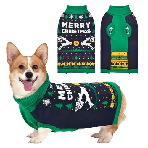 Vehomy Weihnachtspullover für Hunde und Katzen, Rollkragen, Strickwaren mit Weihnachtsbäumen, Elchen, Schneeflocken, Weihnachts-Strickpullover, Shirt für kleine und mittelgroße Hunde, Größe XXL von Vehomy