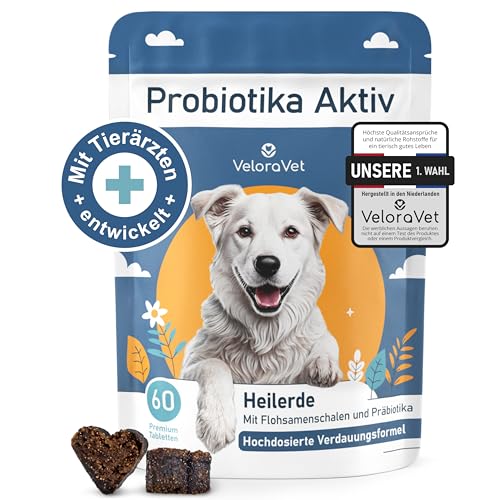 VeloraVet Probiotika Hund – Magen Darmsanierung & Darmkur für Hunde-Darmflora, Präbiotika, Flohsamenschalen & Heilerde, Tierärztlich empfohlen bei Durchfall, Sodbrennen – 60 Probiotika Tabletten von VeloraVet