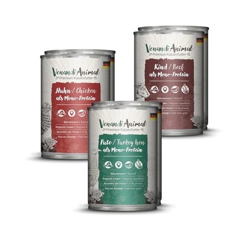 Venandi Animal - Premium Nassfutter für Katzen, Probierpaket - Huhn, Pute, Rind 6 x 400 g (6er Pack), getreidefrei und naturbelassen von VenandiAnimal