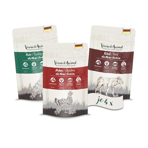 Venandi Animal - Premium Nassfutter für Katzen - Probierpaket I (Huhn, Ente, Rind) als Monoprotein 12er Pack (12 x 125 g), getreidefrei, Monoprotein von VenandiAnimal