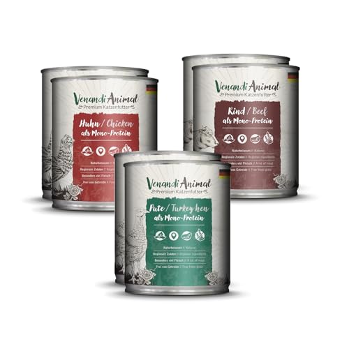 Venandi Animal - Premium Nassfutter für Katzen - Probierpaket I (Huhn, Ente, Rind) als Monoprotein 6er Pack (6 x 800 g), getreidefrei, Monoprotein von VenandiAnimal