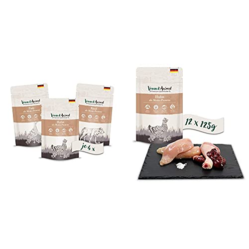 Venandi Animal Premium Nassfutter für Katzen, Probierpaket I,12 x 125 g, 1.5 kg & Premium Nassfutter für Katzen, Huhn als Monoprotein, 12 x 125 g, 1.5 kg von VenandiAnimal