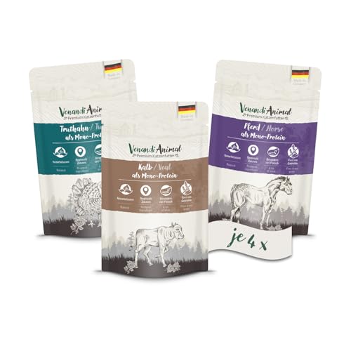 Venandi Animal - Premium Nassfutter für Katzen, Probierpaket II, Pferd, Kalb, Truthahn, 12 x 125 g (12er Pack), getreidefrei und naturbelassen von VenandiAnimal