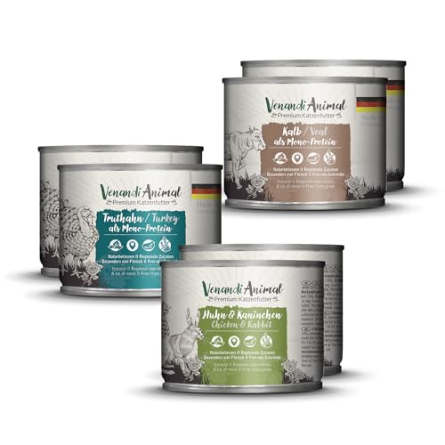 Venandi Animal - Premium Nassfutter für Katzen - Probierpaket II (Pferd, Kalb, Truthahn) als Monoprotein 6er Pack (6 x 200 g), getreidefrei, Monoprotein von VenandiAnimal