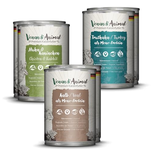 Venandi Animal Premium Nassfutter für Katzen, Probierpaket II, Huhn + Kaninchen, Kalb, Truthahn, 6 x 400 g, getreidefrei und naturbelassen, 2.4 kg von VenandiAnimal