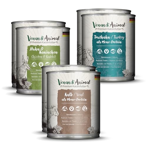 Venandi Animal Premium Nassfutter für Katzen, Probierpaket II, Huhn + Kaninchen, Kalb, Truthahn, 6 x 800 g, getreidefrei und naturbelassen, 4.8 kg von VenandiAnimal