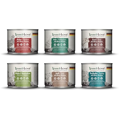 Venandi Animal - Premium Nassfutter für Katzen - Probierpaket III (Huhn, Ente, Rind, Pferd, Kalb, Truthahn) als Monoprotein 6er Pack (6 x 200 g), getreidefrei, Monoprotein von Venandi Animal