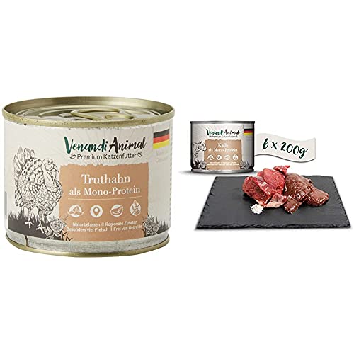 Venandi Animal Premium Nassfutter für Katzen, Truthahn als Monoprotein, 6 x 200 g, 1.2 kg & Premium Nassfutter für Katzen, Kalb als Monoprotein, 6 x 200 g, 1.2 kg von VenandiAnimal