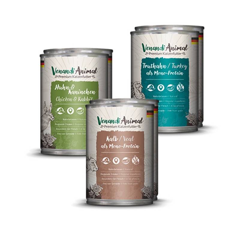 Venandi Animal - Probierpaket II 2xHuhn & Kaninchen, 2xKalb, 2xTruthahn 12x400g von Venandi Animal