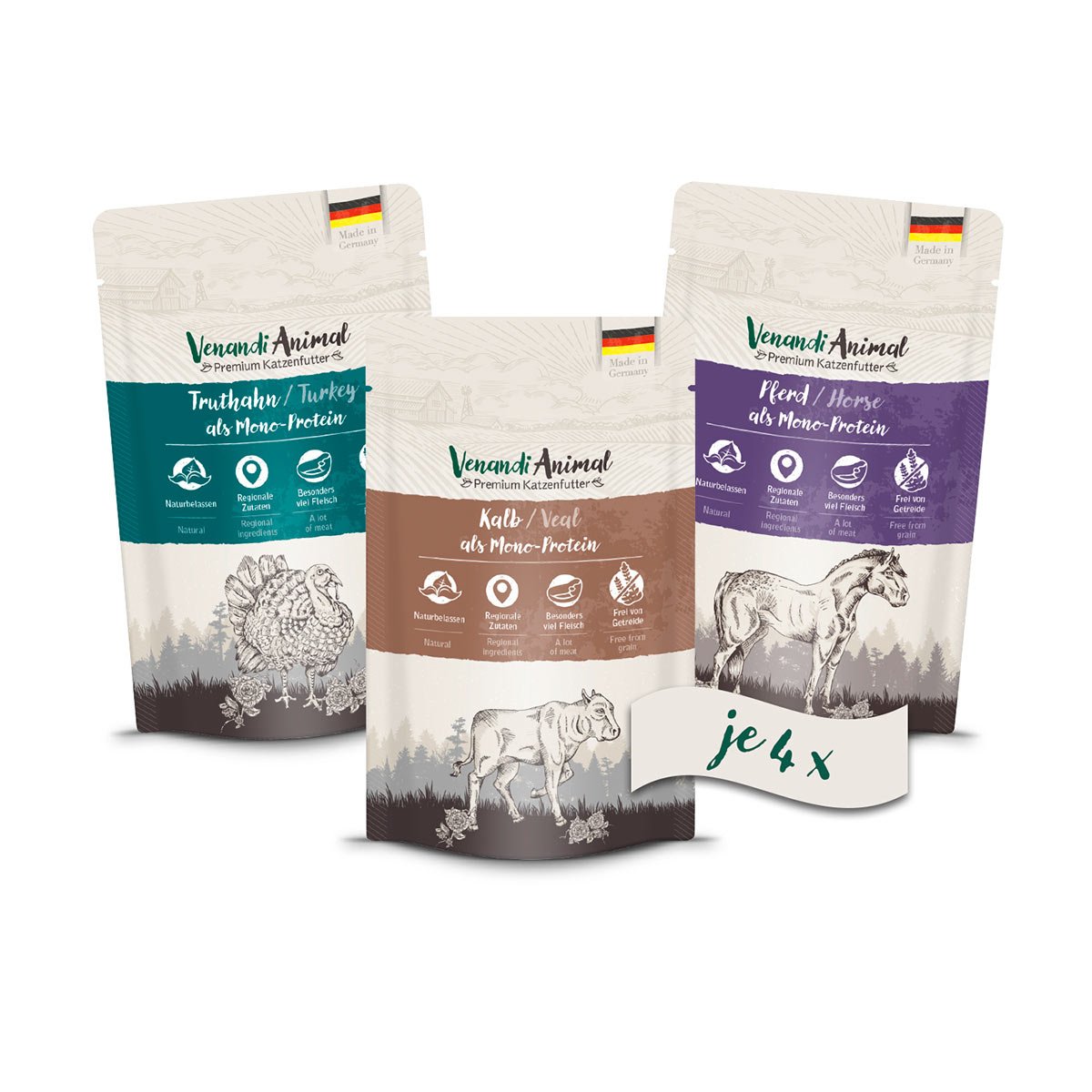 Venandi Animal - Probierpaket II 4xPferd, 4xKalb, 4xTruthahn 12x125g von Venandi Animal