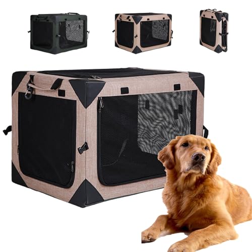 Hundebox Faltbare Transportbox für Reise&Auto: Oxford Stoff Hundetransportbox Hundetasche Katzentransportbox für Hunde und Katzen mit 4 seitigem Netz M 66 * 45 * 45 (Khaki, L：81x59x59cm) von Ventouse