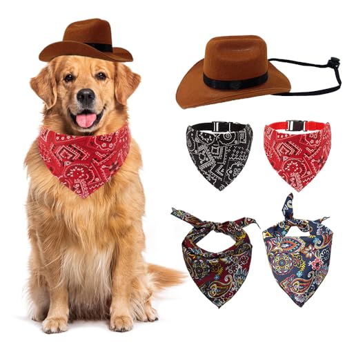 Cowboy Katze Kostüme Hund Cowboy Hut mit Bandanas Schal West Cowboy Haustier Kostüm Lustiges Halloween Outfit 5PCS (M) von Verceco