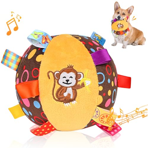 VerdeVilla Quietschball für Hunde, interaktives Hundespielzeug, weich gefülltes Welpenspielzeug mit integrierter Glocke, Kauspielzeug für kleine, mittelgroße und große Hunde, 15,2 cm, Braun von VerdeVilla