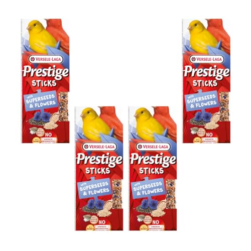 Versele-Laga Prestige Sticks Kanarien Supersaaten & Blüten | 4er Pack | 4 x 60 g | Snack für Kanarienvögel | Ohne synthetische Konservierungsmittel, Farbstoffe oder Aromen von Versele-Laga