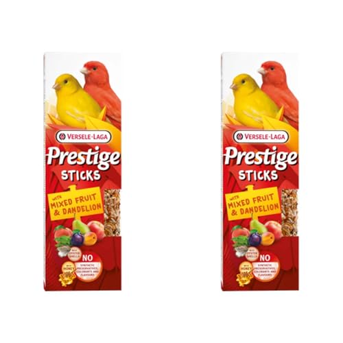 Versele-Laga Prestige Sticks Kanarien gemischte Früchte & Löwenzahn | Doppelpack | 2 x 60 g | Snack für Kanarienvögel | Ohne synthetische Konservierungsmittel, Farbstoffe oder Aromen von Versele-Laga