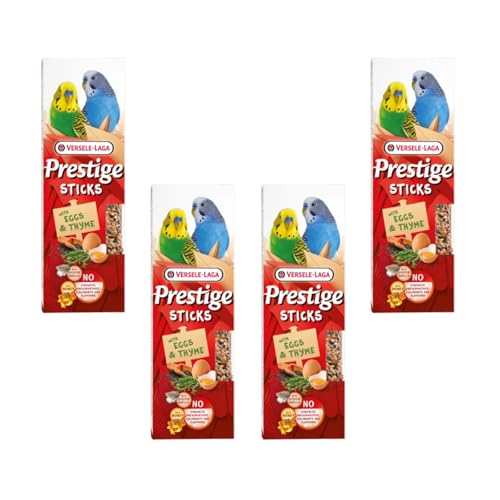 Versele-Laga Prestige Sticks Kleinsittiche Eier & Thymian | 4er Pack | 4 x 60 g | Snack für kleine Sittiche | Ohne synthetische Konservierungsmittel, Farbstoffe oder Aromen von Versele-Laga