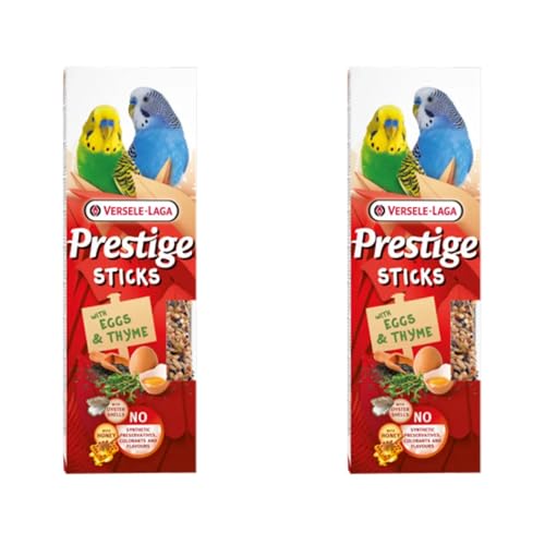 Versele-Laga Prestige Sticks Kleinsittiche Eier & Thymian | Doppelpack | 2 x 60 g | Snack für kleine Sittiche | Ohne synthetische Konservierungsmittel, Farbstoffe oder Aromen von Versele-Laga