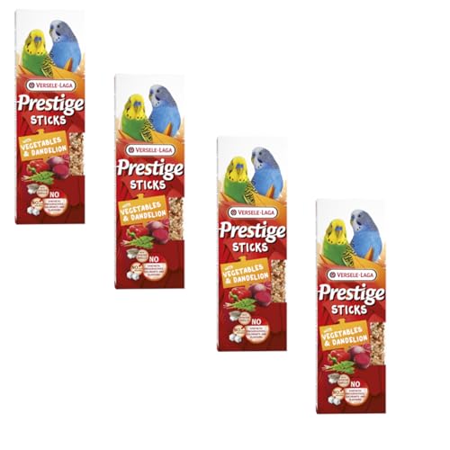 Versele-Laga Prestige Sticks Kleinsittiche Gemüse & Löwenzahn | 4er Pack | 4 x 60 g | Snack für kleine Sittiche | Ohne synthetische Konservierungsmittel, Farbstoffe oder Aromen von Versele-Laga